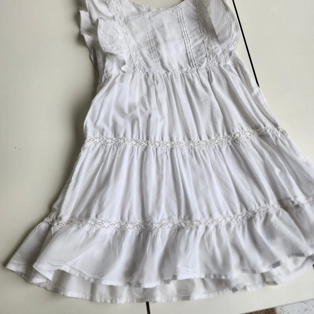 H&M Girls White Cotton Ruffled Summer Dress  Sundress Cap Sleeves Sz 6